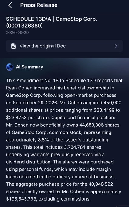 A screenshot of a press release about 'SCHEDULE 13D/A | GameStop Corp. (0001326380)' with an AI summary noting Ryan Cohen's increased beneficial ownership through purchases of 450,000 additional shares.