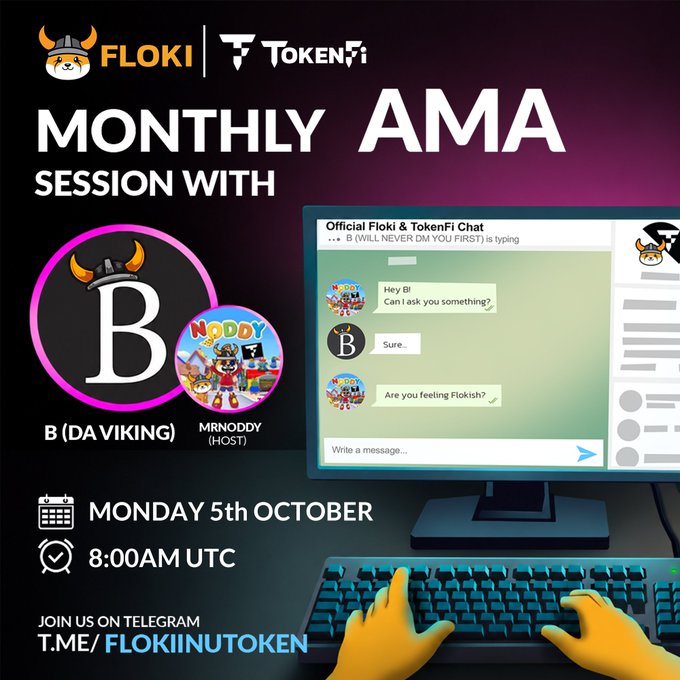Promotional image announcing a "Monthly AMA Session" featuring B (DA Viking) and MrNoddy as host, scheduled for Monday, October 5 at 8:00 AM UTC, inviting FLOKI and TokenFi community members to join via t.me/FlokiInuToken on Telegram, with a screenshot of the chat showing questions about feeling "Flokish."