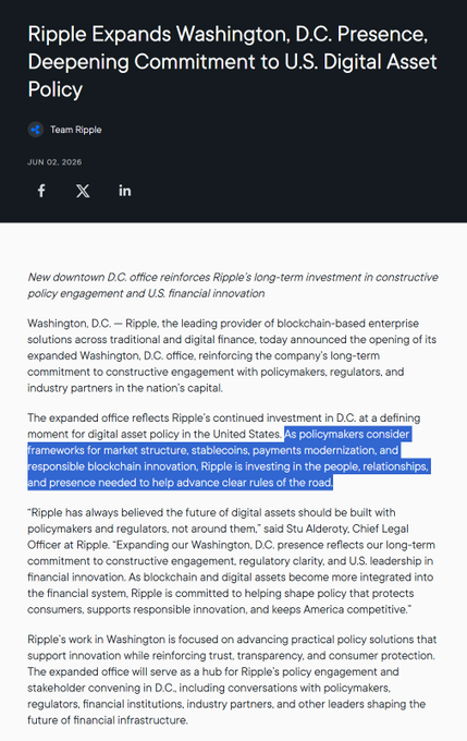 The image shows a screenshot of an article posted online by Ripple, discussing the potential impacts of investing in the Washington D.C. office of Ripple. The text highlights that Ripple has recently expanded its offices in Washington D.C., which is relevant to this discussion about shaping policy.