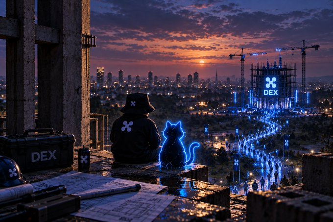 A digital artwork showing a person in a black hoodie with a blue X logo sitting on a concrete ledge next to a glowing blue holographic cat, overlooking a futuristic city at sunset with construction cranes and a 'DEX' logo on a building.