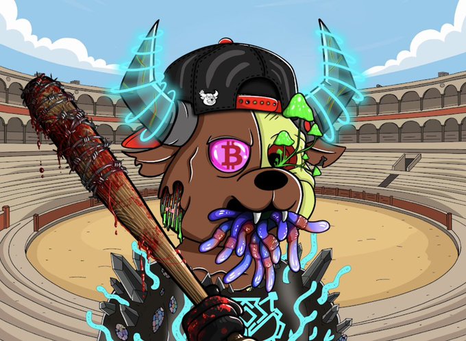 The image features a cartoon dog wearing a baseball cap, holding a bat with blood dripping from it. The background shows an arena filled with people watching a game of baseball. The caption reads "Got myself a few new @solana NFT's today... Rarely I buy for the art, sometimes for a service provided but majority of the time because I am a people's person and appreciate the power of great friends and networks".