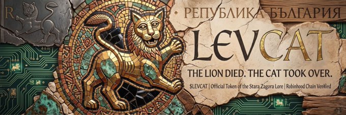 A promotional banner for "$LEVCAT" featuring a golden mosaic lion-cat illustration alongside the tagline "THE LION DIED. THE CAT TOOK OVER." and text identifying it as the official token of Stara Zagora Lure on Robinhood Chain Verified, reinforcing the post's message about $LEVCAT's growing presence on Robinhood Chain.