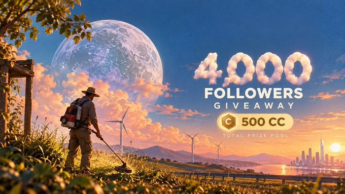 A promotional graphic featuring a person with a metal detector in a scenic landscape with wind turbines, a large moon, and a city skyline, announcing a '4,000 FOLLOWERS GIVEAWAY' with '500 CC TOTAL PRIZE POOL'.
