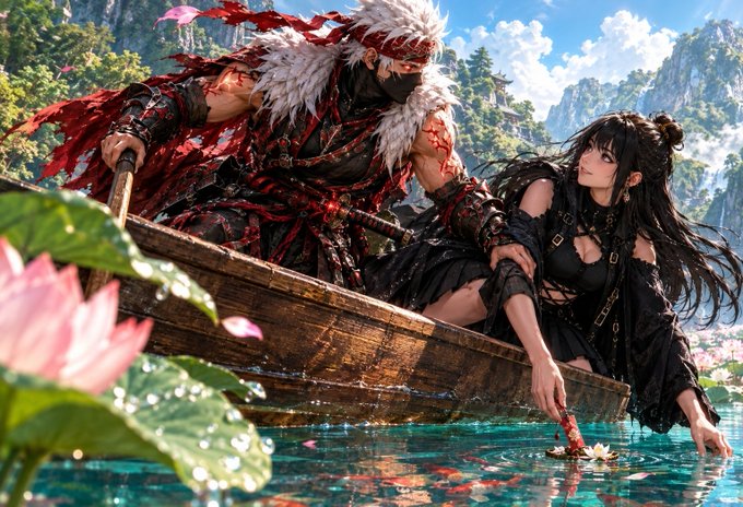 An anime-style digital artwork depicts a white-haired warrior and a dark-haired woman in a wooden boat on water, surrounded by lotus flowers with mountainous scenery in the background.