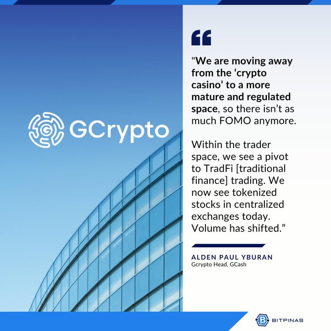 Quote graphic from GCrypto featuring Alden Paul Yburan, Gcrypto Head at GCash, stating the crypto market is shifting away from a 'casino' toward TradFi trading with tokenized stocks.