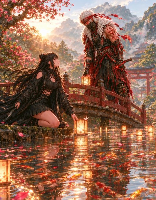 A fantasy digital artwork showing a kneeling woman in dark clothing facing a warrior with a red and white feathered cloak on a red bridge, surrounded by falling petals and lit lanterns.