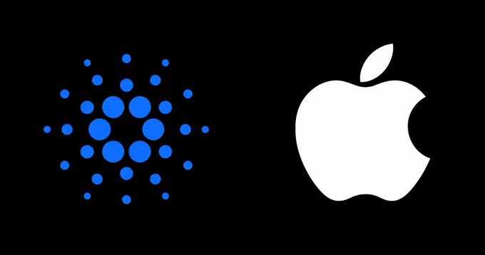 The image shows the Cardano ($ADA) logo on the left and the Apple logo on the right against a black background, visually hinting at a speculated partnership or integration between the two that the post suggests investors buy ADA before it becomes official.