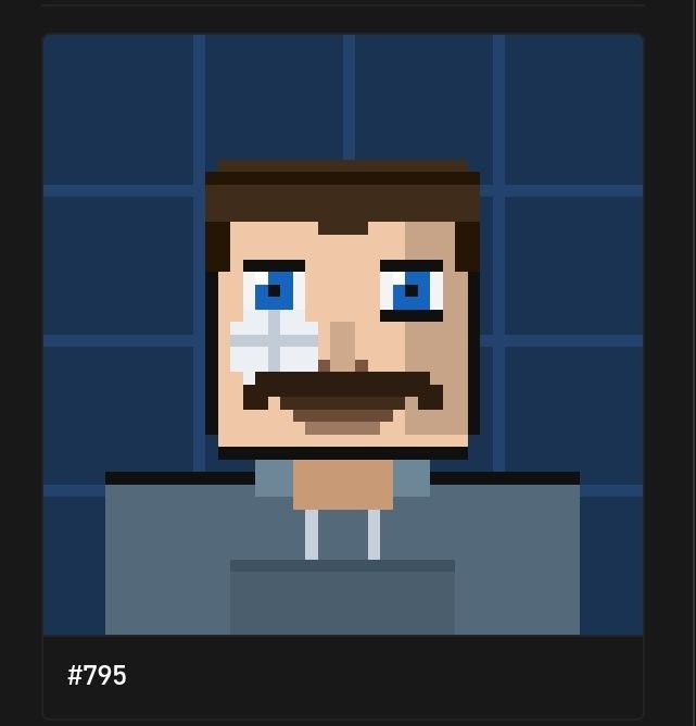 A pixel art NFT character #795 displays a blocky man with brown hair and mustache, blue eyes, and a bandage on his cheek against a dark blue tiled background. The image showcases the user's successfully minted NFT from the @zaddrnet collection after 69 attempts.