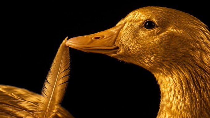 A golden duck, glistening with metallic gold feathers against a dark background, holding a feather in its beak—visually embodying the post's playful rumor that the "CEO of Gold" (personified by the gilded duck) is about to back the $GG ticker.