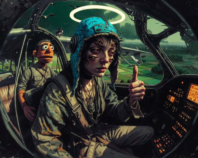 A detailed digital painting of a young person with a halo and aviator cap giving a thumbs-up in the cockpit of a futuristic aircraft, accompanied by a Muppet-like orange character.