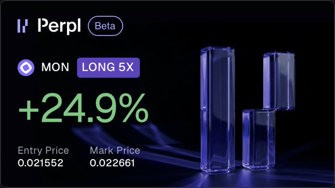 A trading interface from "Perpl Beta" showing a long 5x position on MON with a +24.9% gain, featuring an entry price of 0.021552 and a mark price of 0.022661.