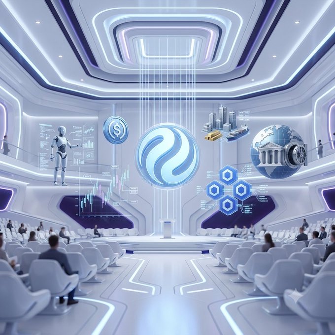 A futuristic white and purple sci-fi auditorium scene featuring a central glowing SUI logo surrounded by floating icons representing finance (dollar sign), industry (gold bars), global banking, and AI robotics, with an audience seated below.