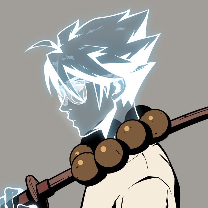 An anime-style illustration of a character with spiky hair and glasses in profile, carrying a staff adorned with large wooden prayer beads.