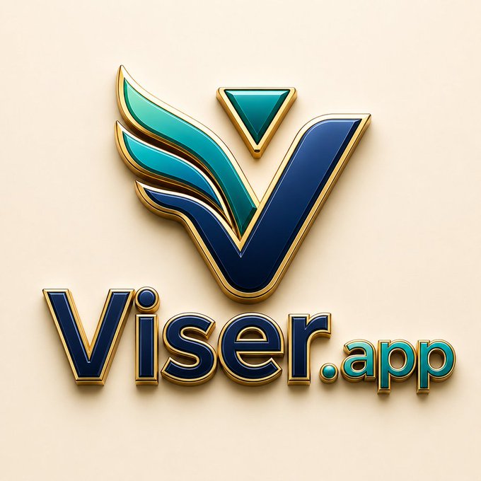 A glossy 3D logo design featuring a stylized green and blue 'V' emblem above the text 'Viser.app' on a cream background.