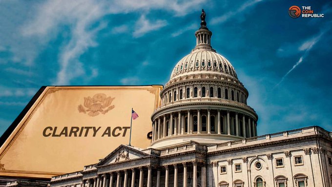 An image shows the U.S. Capitol building next to a book titled 'CLARITY ACT' with a government seal, branded with 'THE COIN REPUBLIC' watermark in the corner.