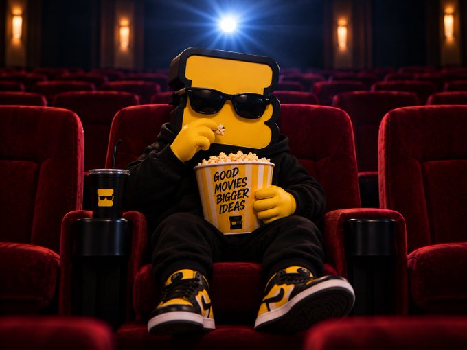 A 3D rendered character wearing sunglasses and a hoodie sits in a movie theater seat eating popcorn from a bucket labeled 'GOOD MOVIES BIGGER IDEAS'.