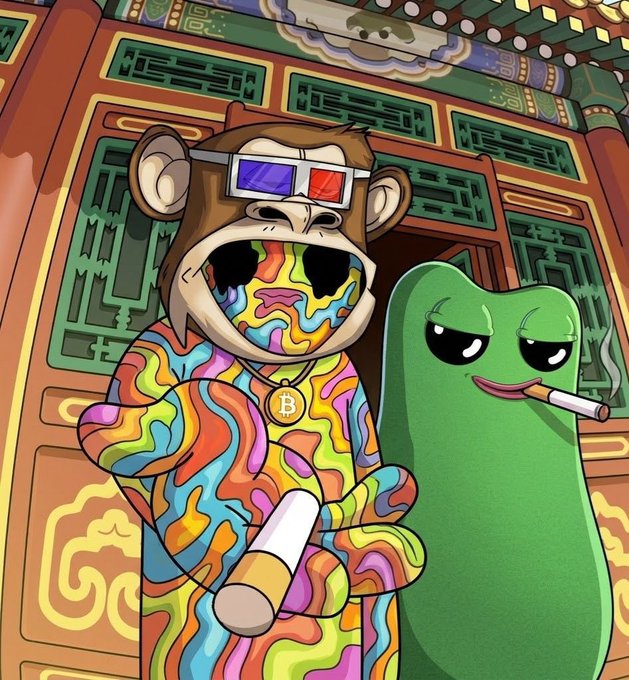 Two cartoon characters stand before an ornate East Asian-style doorway: a monkey wearing 3D glasses, a Bitcoin necklace, and a rainbow-swirled outfit holding a blunt, alongside a green slug-like creature smoking a cigarette—fitting the laid-back "gm, Happy Sunday!" vibe with its psychedelic, stoner crypto aesthetic.