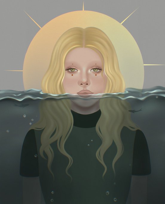 A digital illustration of a blonde woman with a sun-like halo behind her head, partially submerged in water with her hair flowing beneath the surface.