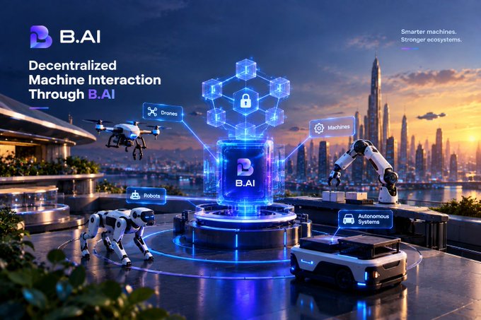 A futuristic promotional graphic for 'B.AI' featuring 'Decentralized Machine Interaction Through B.AI' with the tagline 'Smarter machines. Stronger ecosystems.' showing drones, robots, and autonomous systems connected to a central AI hub.