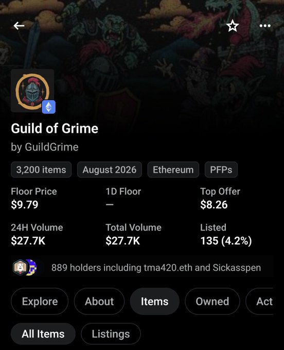 Screenshot of the "Guild of Grime" NFT collection page showing 3,200 items on Ethereum with a floor price of $9.79, 24H volume of $27.7K, and 889 holders. The image aligns with the post highlighting profits made for the WilleezDAO community from GTD spots in GuildGrime, which has nearly reached its $11 ATH (all-time high).