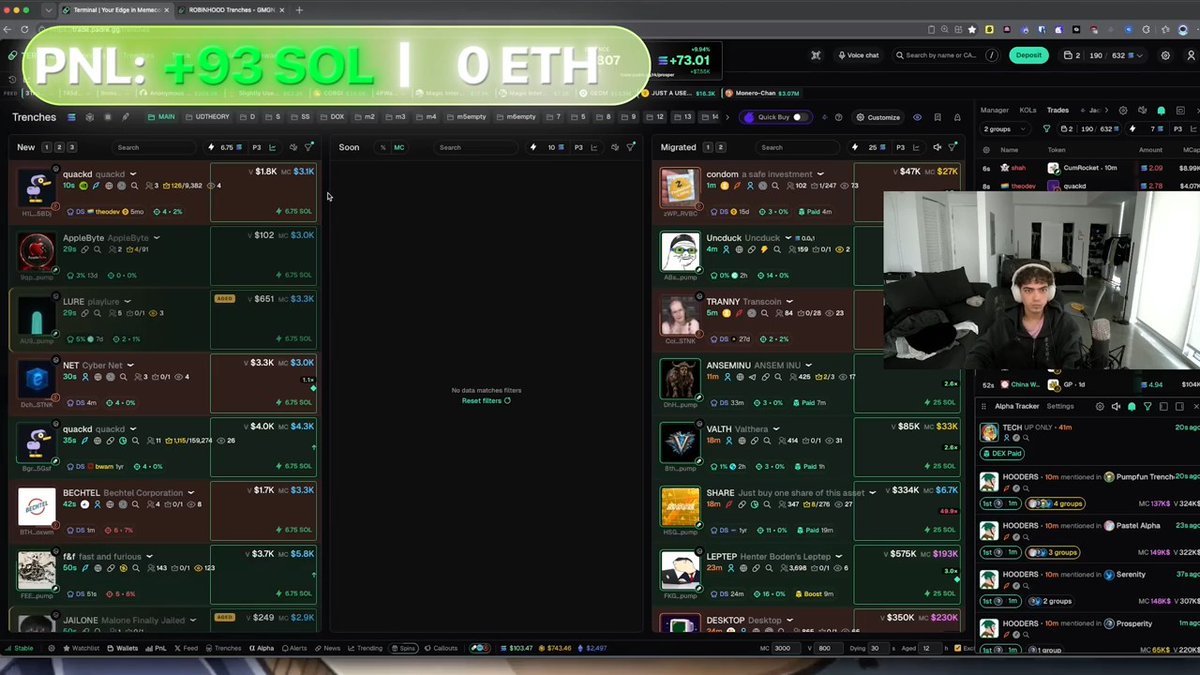 A screenshot of a crypto trading interface showing various token listings like quckd, Anarcho, LUBE, NET, and LIFEE, with a person visible in a small webcam overlay in the bottom right corner and a PNL display of '+93 SOL | 0 ETH' at the top.