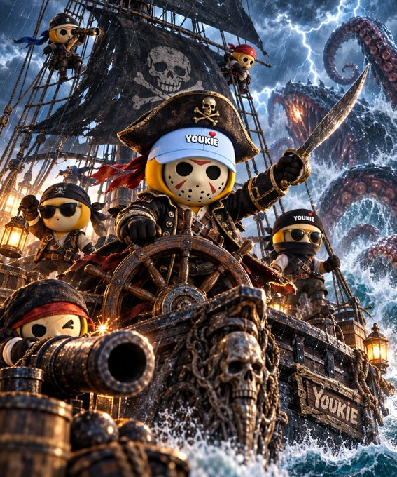 A fantasy illustration of pirate Minions, with the main figure wearing a 'YOUKIE' headband, steering a ship against a giant kraken and stormy seas.
