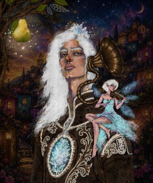 The image portrays a serene fantasy scene featuring an ethereal figure with a melancholic countenance. This thought-provoking artwork combines themes of fantasy and music, evoking a sense of a world that is both profound and soothing. The large-headed figure, adorned with gothic motifs and flowing leaf patterns, shares a contemplative moment with a fairy-like doll. The accompanying caption beautifully reflects the essence of this artwork, inviting viewers to delve deeper into the narrative behind the visual elements.