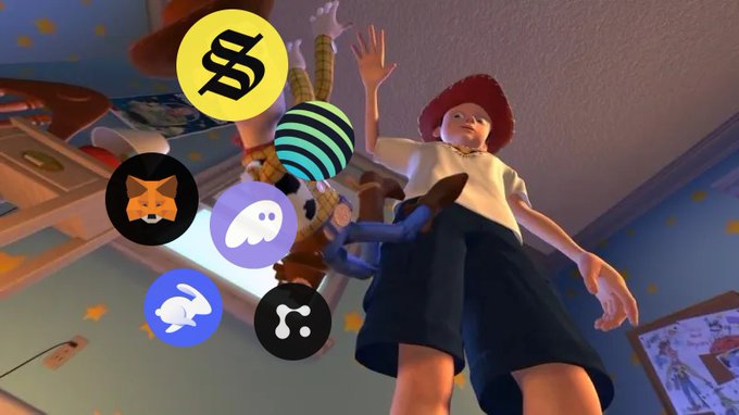 A low-angle shot of animated dolls in a child's room with several crypto/NFT logos including Shiba Inu, Decentraland, and a ghost icon floating in the foreground.