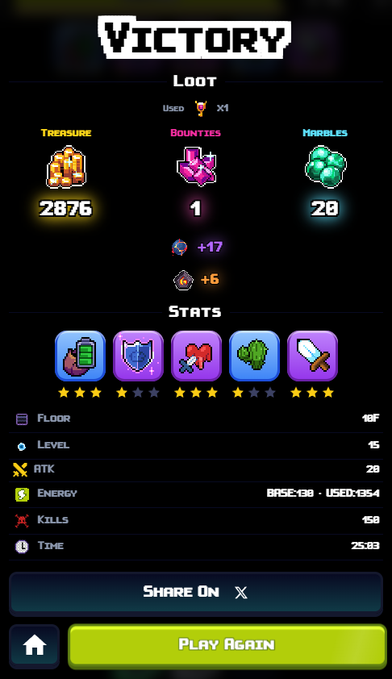A pixel-art 'VICTORY' screen displays loot including 2876 'TREASURE', 1 'BOUNTIES', and 20 'MARBLES', along with character stats like floor 18F, level 15, and 150 kills.