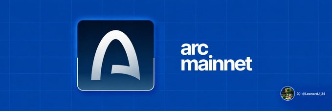 A blue graphic displaying the 'arc mainnet' logo with a stylized 'A' icon and an X handle '@Leonard_24'.