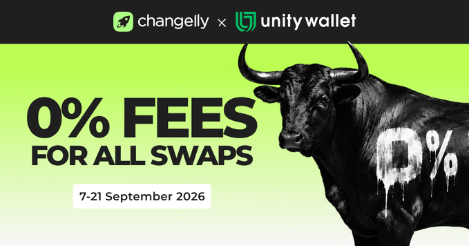 A promotional banner for "changelly x unity wallet" advertises "0% FEES FOR ALL SWAPS" from 7-21 September 2026, featuring a black bull graphic with dripping white "0%" paint.