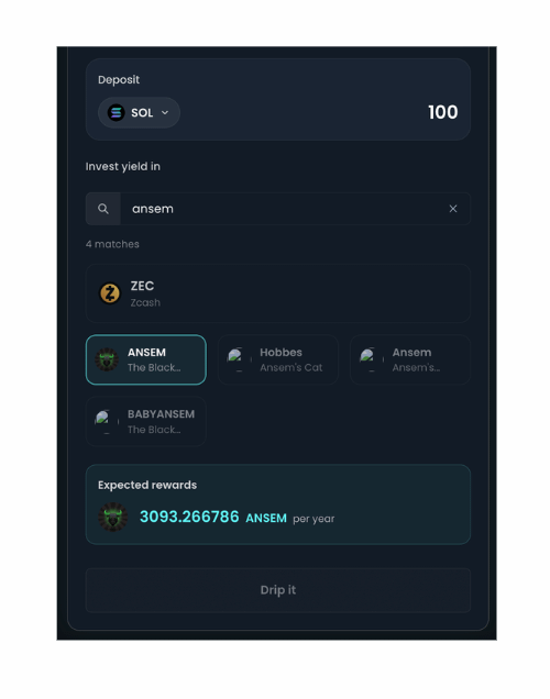 The image shows a KyrosFi deposit interface on Solana where a user can deposit 100 SOL and select "ANSEM" (The Block...) as their yield investment asset, showing an expected reward of 3,093.266786 ANSEM per year, visually demonstrating the post's claim about staking SOL to earn yield directly in $ANSEM.