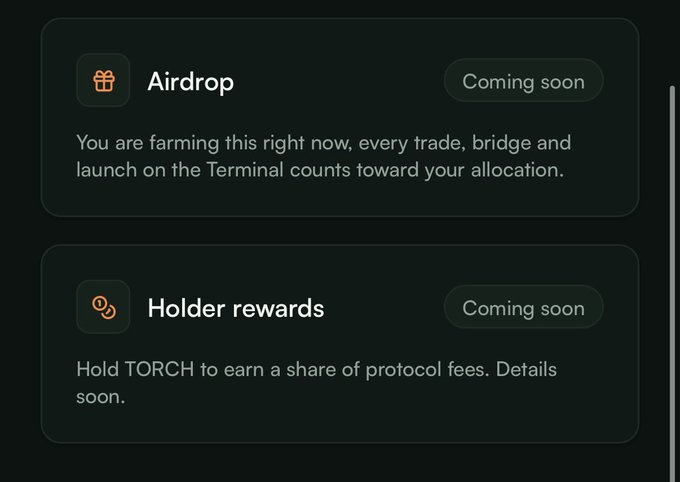 A dark interface showing two sections: 'Airdrop' and 'Holder rewards', both marked 'Coming soon', mentioning TORCH token and farming allocations.