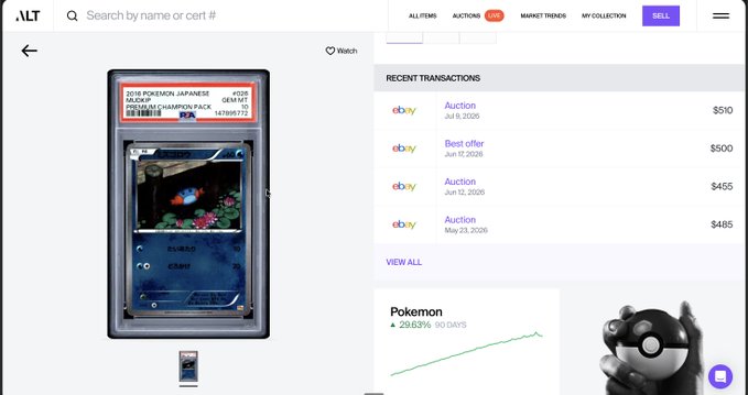 A screenshot from ALT shows a graded PSA 10 Japanese Pokémon Blastoise Holo from the 2018 Champions Pack with recent eBay auction prices ranging from $455–$510, illustrating the post's point that these actual eBay sales are the real market prices that platforms like Phygitals and Collector Crypt should reference rather than relying on their own data providers.