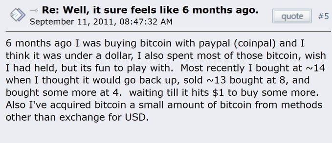 A September 11, 2011 forum post where the author recounts buying Bitcoin under $1 via PayPal, trading it at $14, $13, $8, and $4, and hoping to buy more at $1—a classic example of waiting for a dip that, as the caption notes, never came.