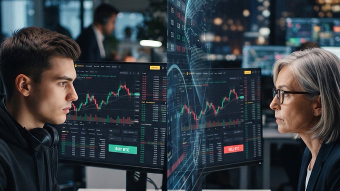 A young man and an older woman sit on opposite sides of a divided screen, each staring intently at identical cryptocurrency trading charts displaying candlestick patterns and a "BUY BTC" button on the left and "SELL BTC" on the right. The split-screen visual perfectly illustrates the trading principle that every buyer must have a seller on the other side of the transaction at the exact same price and moment.