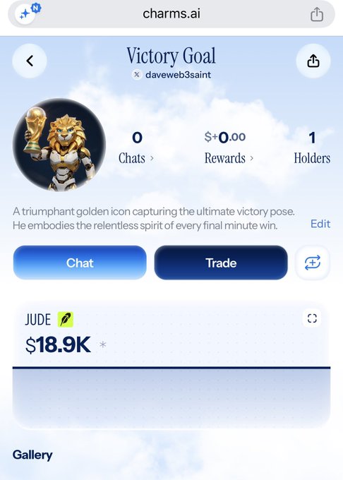A charms.ai page displays a "Victory Goal" character by daveweb3saint depicting a lion-headed figure in a World Cup trophy pose, with the $JUDE token valued at $18.9K. The image illustrates the creator's post about launching the $JUDE token as a character inspired by Jude Bellingham's predicted future World Cup victory with England.