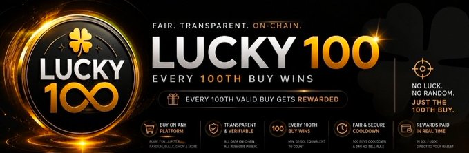 The image features a banner for a game called "Lucky 100", which is an online casino game that offers 100th buy wins with no randomness, ensuring transparency and fairness. The text on the banner highlights this feature, stating that every 100th valid buy wins without any hidden rules or randomness. This means that players can expect to receive rewards for their purchases in a transparent manner, making it easier for them to understand how they are being rewarded.

The image also includes an illustration of a gold coin with the number "100" on it, which is related to the game's theme and serves as a visual representation of the 100th buy win threshold. The overall design of the banner is visually appealing and draws attention to the game's unique selling point.