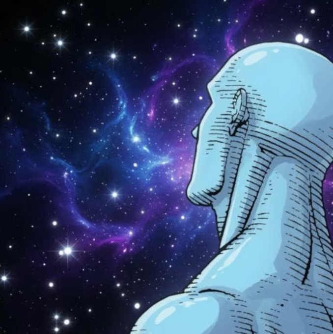 A stylized blue humanoid figure gazes contemplatively into a vibrant purple and blue starry cosmos, symbolizing hope and aspiration as the post discusses donating crypto creator rewards to Gabrielle's Angel Foundation for Cancer Research.