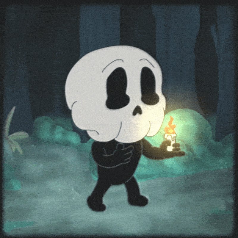 The image features a cartoon character, likely a skeleton or a monster, holding a lit candle in its hand while walking through a forest at night. The character appears to be floating around with the flame still burning brightly. The background of the image is dark, which emphasizes the silhouette of the character and the glowing flame.