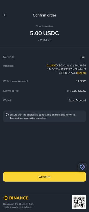 Binance 'Confirm order' screen for a withdrawal of 5.00 USDC (₹314.75) on the Sui network to address starting with '0xd5930c96bf3ea2e36d3b88...', with 0.0 USDC network fee from a Spot Account wallet.