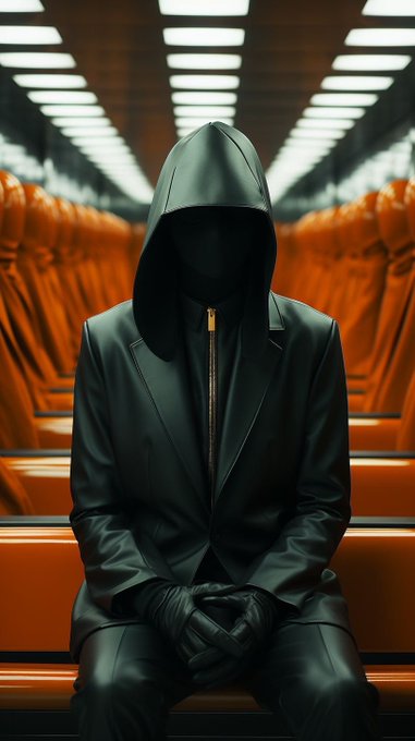 A faceless figure in a dark hooded leather suit and gloves sits alone on an empty orange bus, evoking mystery and anonymity that mirrors the cryptic, forward-looking crypto message urging holders of $CORE to maintain conviction for long-term generational gains.