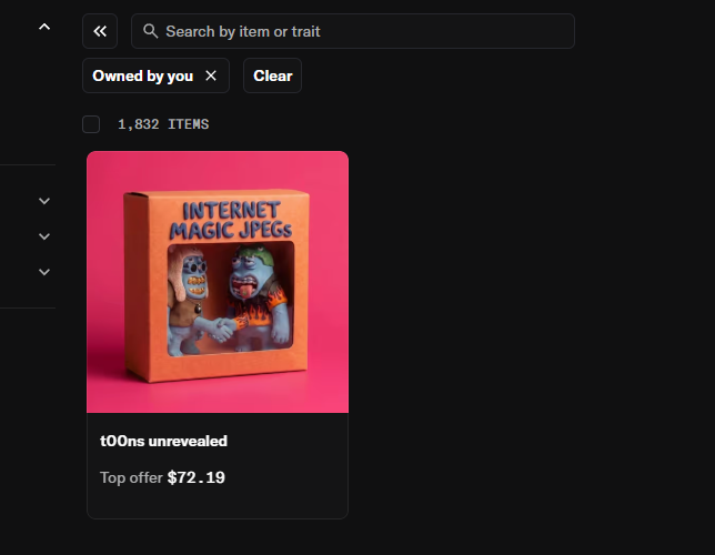 Marketplace listing page showing a collection of 1,832 items with an 'Internet Magic JPEGs' collectible box, noted as 't00ns unrevealed' with a top offer of $72.19.