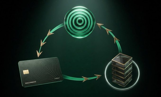 A green-themed graphic showing a circular flow between a 'GREENWOOD' credit card and a small treasure chest with arrows and a glowing target in the center.