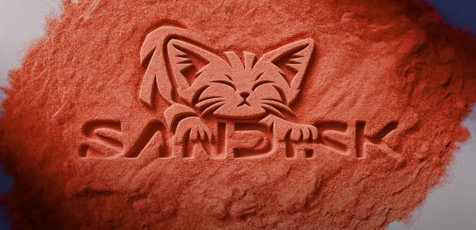 Red powder or sand is molded to form a logo featuring a cat face and the word 'SANDISK'.