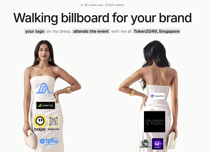An advertisement for a 'Walking billboard for your brand' service offering to place company logos (including Lever Up, bagel.win, Tiplop, Coopertline, ZVZZT) on a dress worn at Token2049 in Singapore.