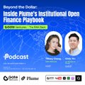 A podcast thumbnail titled 'Inside Pume's Institutional Open Finance Playbook' featuring two people in a 'CEO Profile' format on Spotify and other apps, with Arabic text overlay.