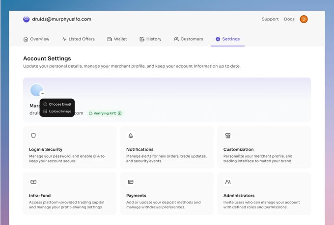 The image shows a P2P merchant settings dashboard for user "druids@murphyusifo.com," featuring an Account Settings page with a profile section (currently displaying an emoji upload menu) and six configuration options: Login & Security, Notifications, Customization, Infra-Fund, Payments, and Administrators. The clean layout with sidebar navigation (Overview, Listed Offers, Wallet, History, Customers) aligns with the post's focus on designing a settings interface tailored for P2P merchants.