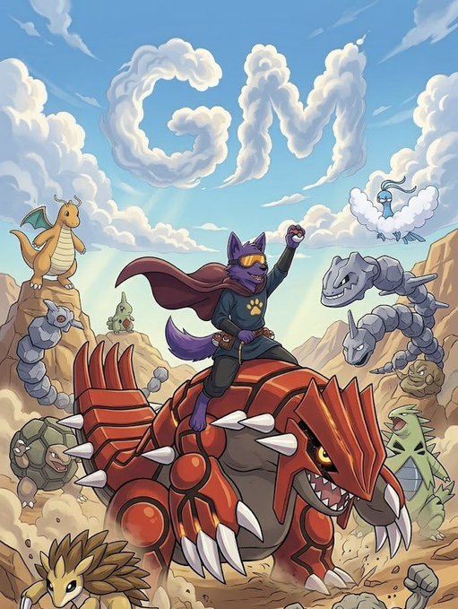 The image shows the word "GN" spelled out in clouds above an anime-style feline warrior in a cape and goggles, triumphantly riding a large red armored creature while surrounded by various monsters and Pokémon-like creatures in a rocky landscape, with a small blue character sitting on a cloud nearby. The image cleverly relates to the post's "Good morning" message by visually spelling "GN" (a common abbreviation for "Good Night," humorously used here as a morning greeting) and "going to the moon" by depicting an adventurous, triumphant scene suggesting NFTs are soaring upward toward the sky.