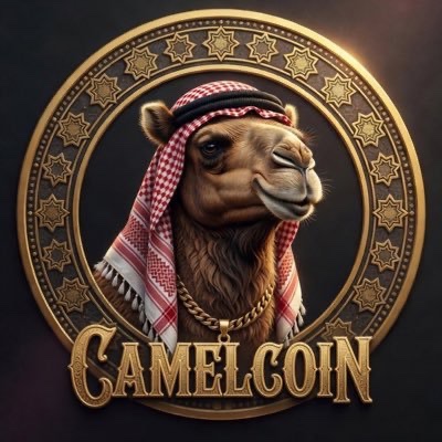 A digital illustration of 'CAMELCOIN' featuring a camel wearing a red and white keffiyeh and a gold chain, set within an ornate golden circular frame.
